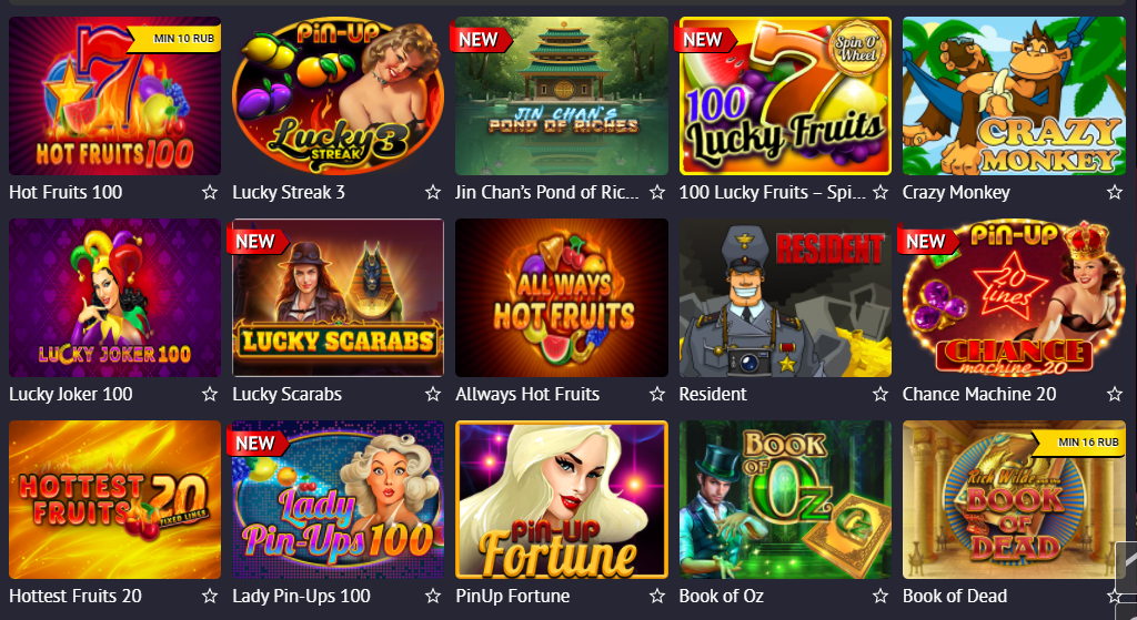 Выбор популярных слотов в Pin-Up Casino – представлена подборка слотов, включая Hot Fruits 100, Lucky Streak 3 и Crazy Monkey.